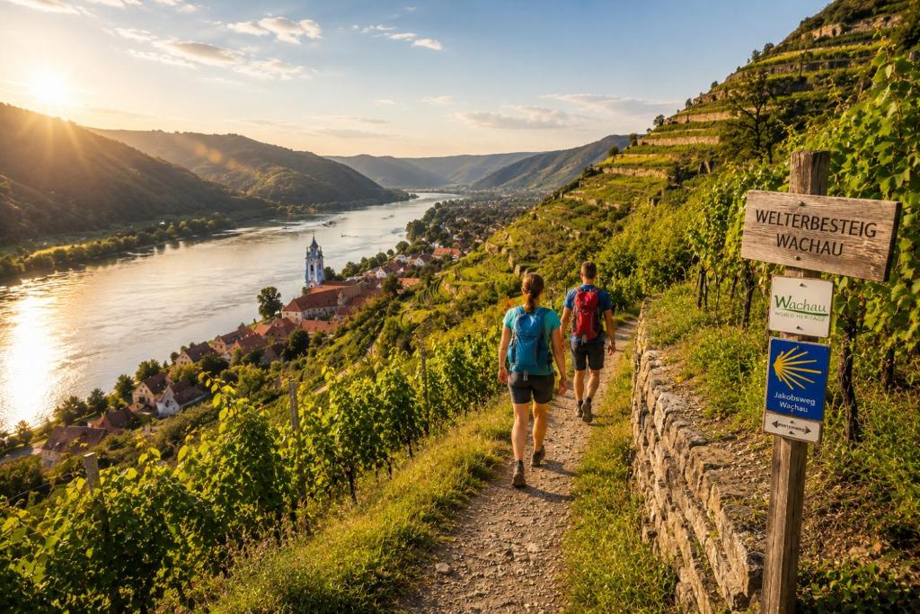 Wanderer am Welterbesteig Wachau mit den Wilden Wachauer Windis